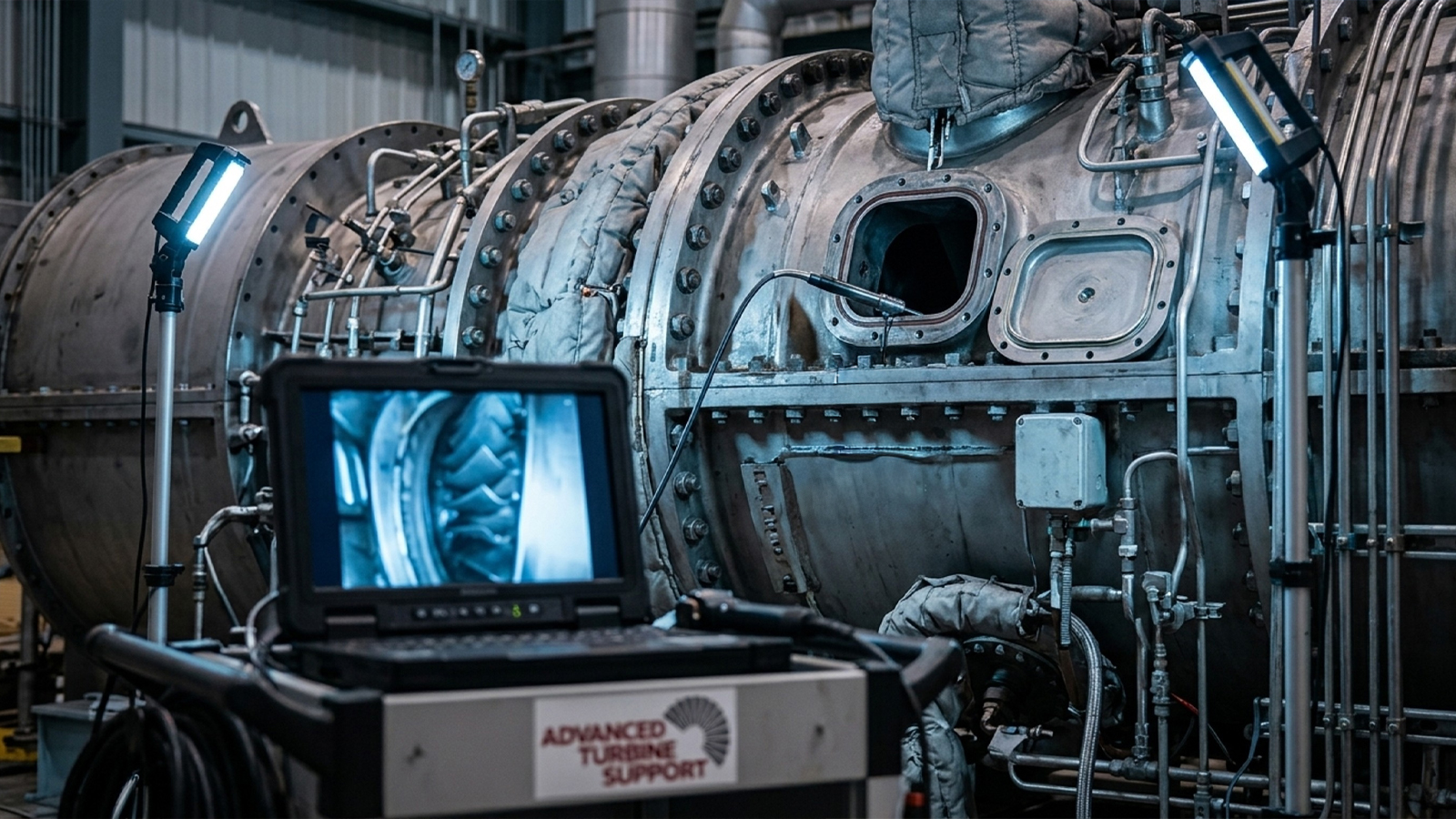 Borescope cable inserted into a GE 7EA compressor access port during inspection