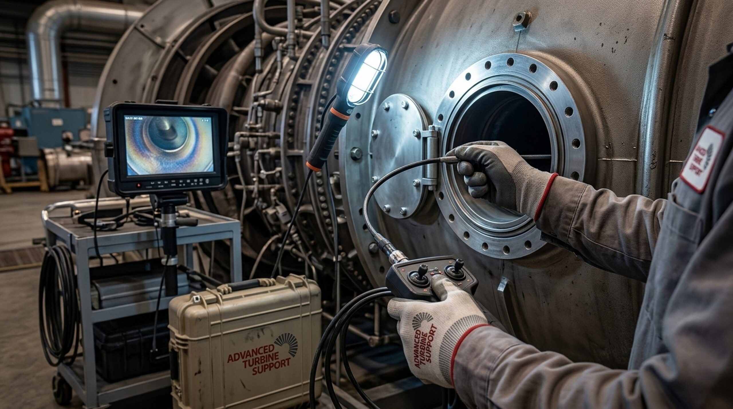 Technician inserting a borescope probe to inspect hot gas path damage inside a gas turbine