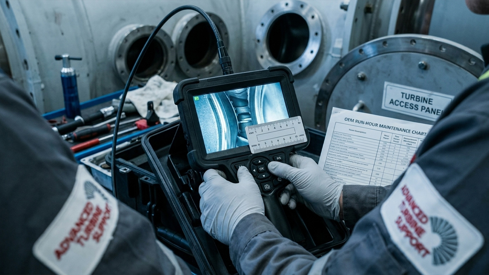 Technician comparing borescope inspection data to a turbine run-hour maintenance schedule