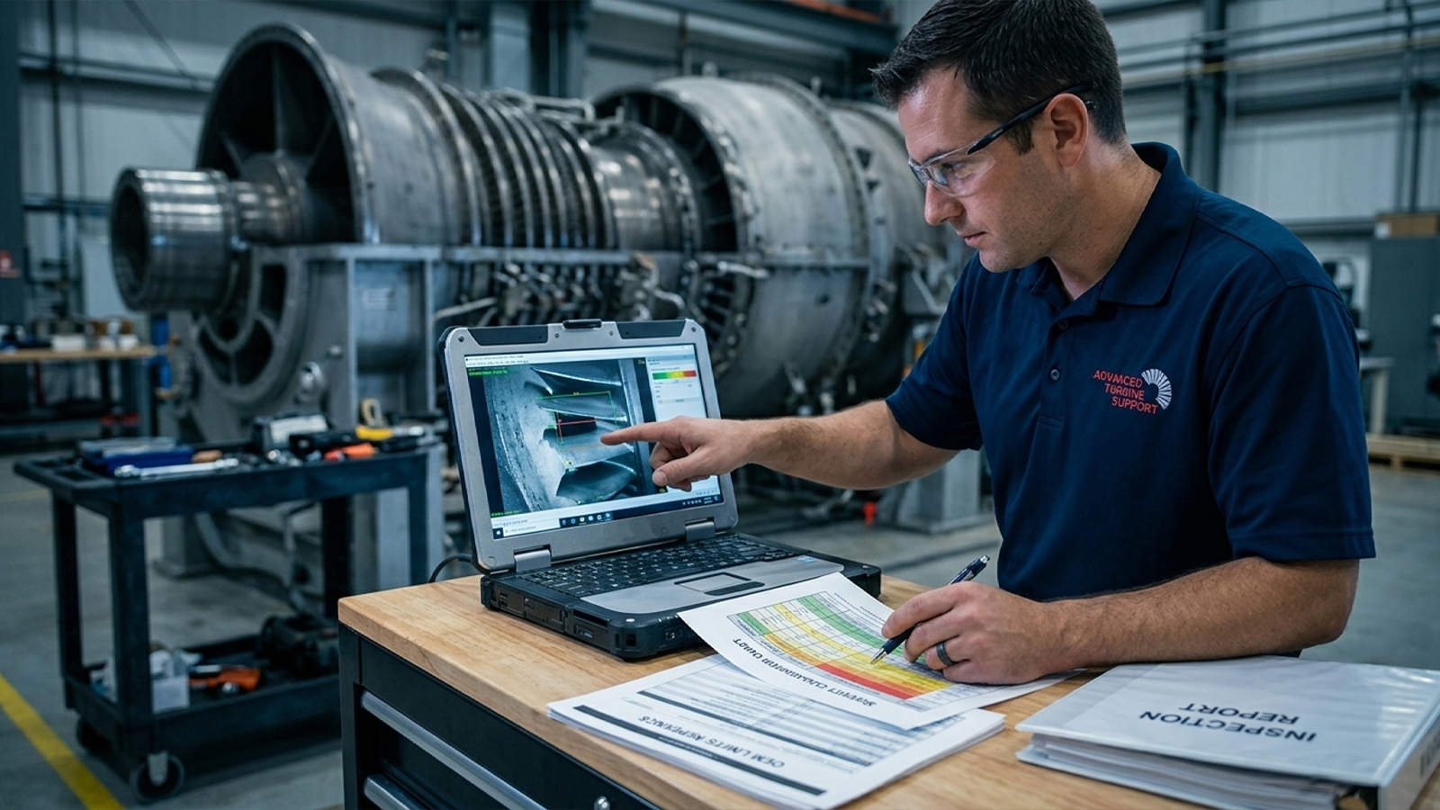 Technician reviewing borescope inspection measurements to define turbine repair scope before an outage